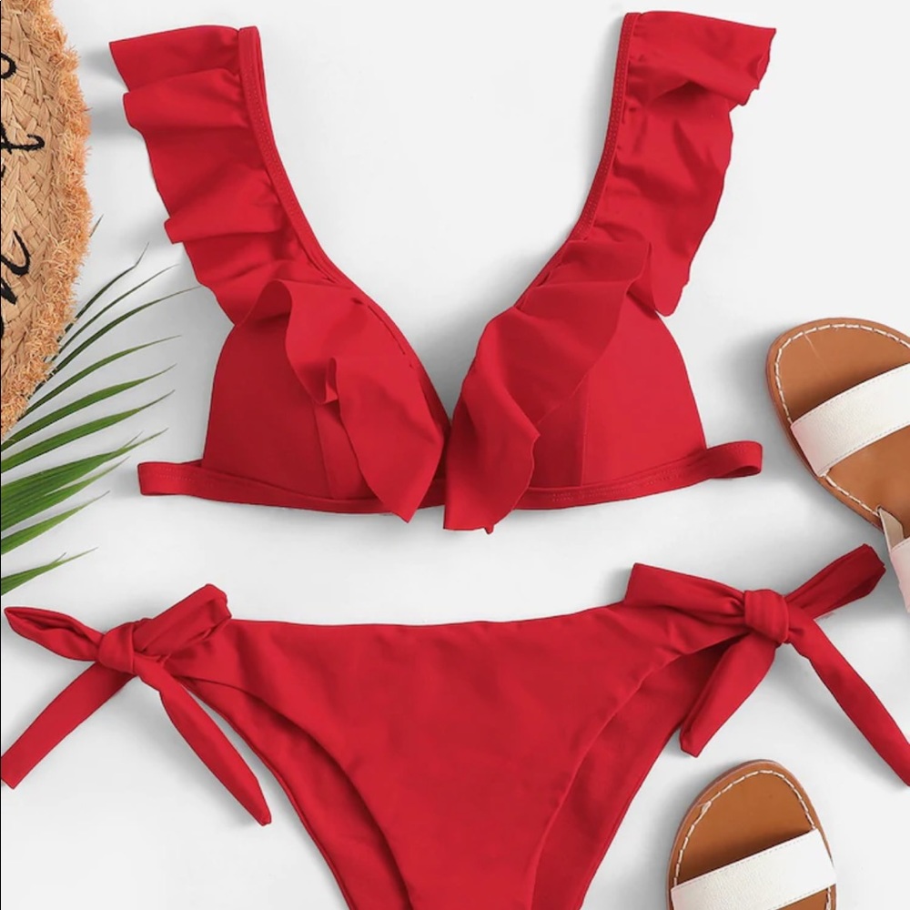 Ruffle Plunging Top With Tie Side Bikini Set